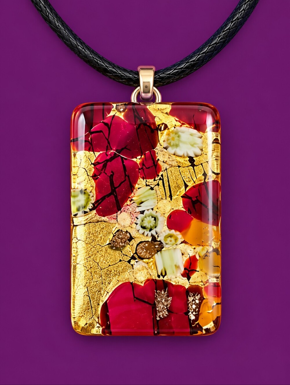 MURANO Rectangle Red Gold Metallic Art Glass Pendant Rope Necklace